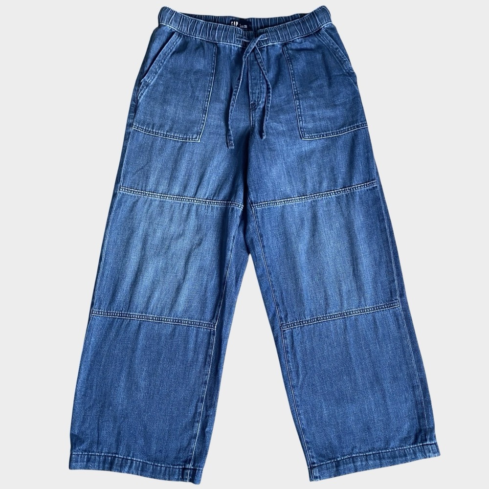 Wide Leg High Rise Pull On Jeans Women Size L Blue Drawstring Relaxed Utility